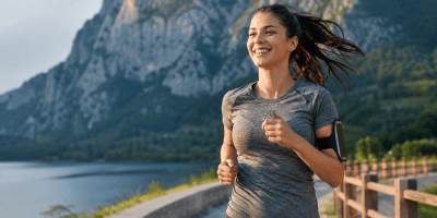 Donna sportiva che corre lungo un percorso panoramico in riva a un lago circondato da montagne, simbolo di energia, vitalità e benessere fisico e mentale.
