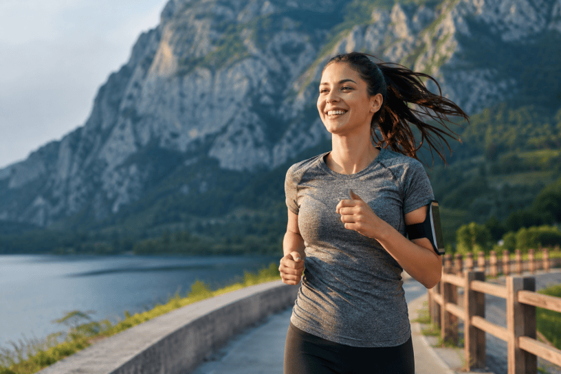 Donna sportiva che corre lungo un percorso panoramico in riva a un lago circondato da montagne, simbolo di energia, vitalità e benessere fisico e mentale.