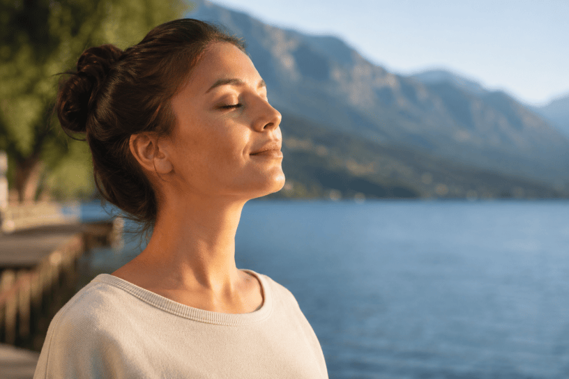 Donna in meditazione all’aperto vicino a un lago e alle montagne, con gli occhi chiusi e il volto illuminato dalla luce del tramonto, simbolo di serenità, equilibrio e gestione dell’ansia.