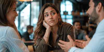 Due persone sedute in un locale osservano una conversazione con espressioni diverse, simbolo delle prime impressioni, dell'empatia e delle dinamiche psicologiche che influenzano le relazioni umane.