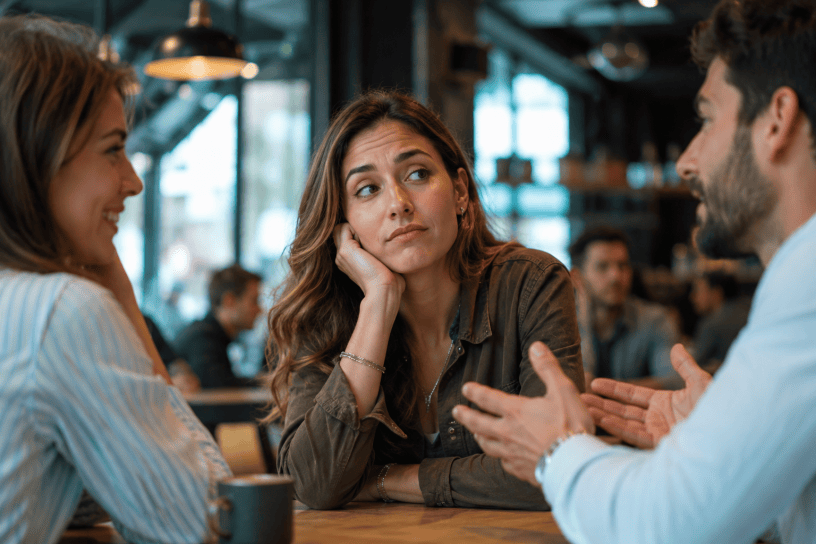 Due persone sedute in un locale osservano una conversazione con espressioni diverse, simbolo delle prime impressioni, dell'empatia e delle dinamiche psicologiche che influenzano le relazioni umane.