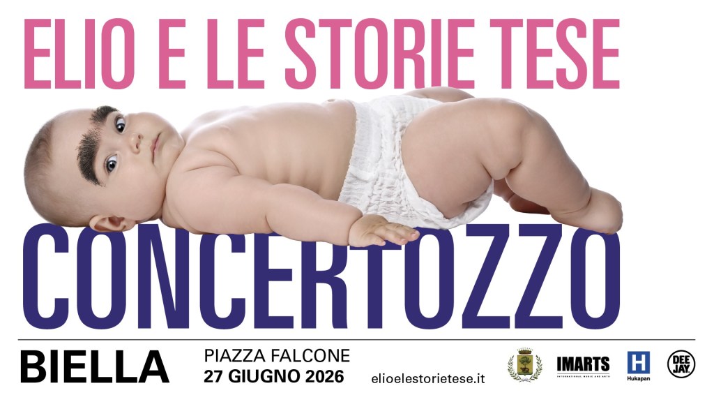 A promotional poster featuring a baby lying down with exaggerated eyebrows, advertising a concert by 'Elio e le Storie Tese' in Biella at Piazza Falcone on June 27, 2026.