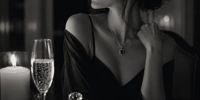 Elegante scena in bianco e nero con una donna seduta a lume di candela mentre osserva il vuoto con un calice di spumante sul tavolo. L'atmosfera intima e raccolta richiama i temi della riflessione, della speranza e della bellezza dei silenzi evocati dalla poesia.