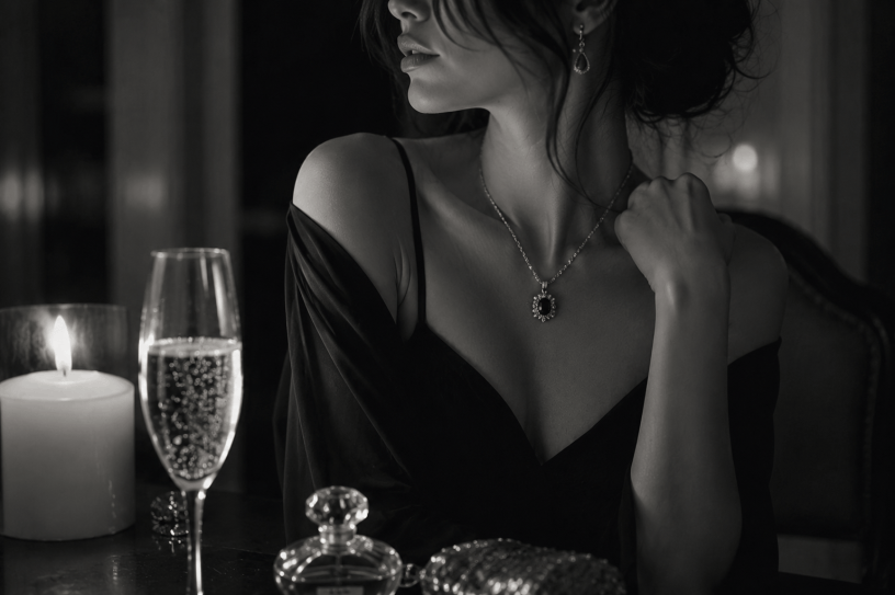 Elegante scena in bianco e nero con una donna seduta a lume di candela mentre osserva il vuoto con un calice di spumante sul tavolo. L'atmosfera intima e raccolta richiama i temi della riflessione, della speranza e della bellezza dei silenzi evocati dalla poesia.