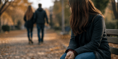 Donna seduta su una panchina in un parco autunnale mentre osserva due persone allontanarsi sullo sfondo. Immagine che rappresenta il tema delle amicizie che finiscono senza spiegazioni e del distacco emotivo.