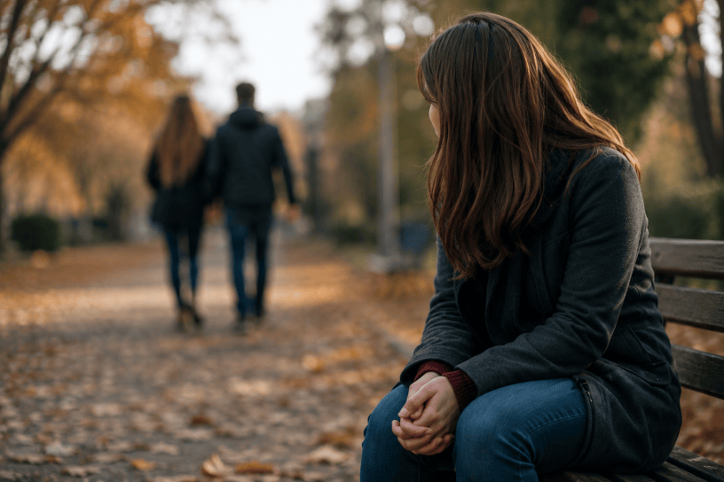 Donna seduta su una panchina in un parco autunnale mentre osserva due persone allontanarsi sullo sfondo. Immagine che rappresenta il tema delle amicizie che finiscono senza spiegazioni e del distacco emotivo.