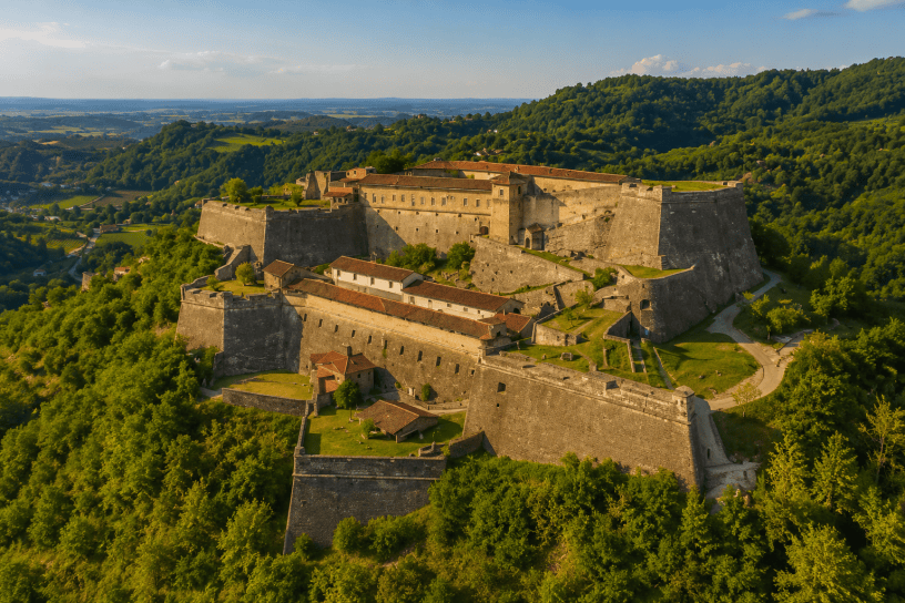 Veduta aerea panoramica di una grande fortezza storica ispirata al Forte di Gavi, arroccata su una collina boscosa e circondata dal paesaggio verde dell'Oltregiogo piemontese.