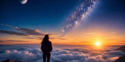 Figura solitaria su una vetta rocciosa sopra un mare di nuvole mentre osserva l'alba e un cielo stellato attraversato dalla Via Lattea. L'immagine evoca il viaggio oltre il tempo e lo spazio descritto nella poesia di Giuseppina Pedraglio.