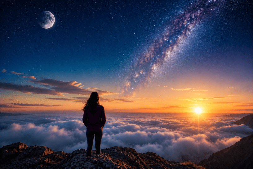 Figura solitaria su una vetta rocciosa sopra un mare di nuvole mentre osserva l'alba e un cielo stellato attraversato dalla Via Lattea. L'immagine evoca il viaggio oltre il tempo e lo spazio descritto nella poesia di Giuseppina Pedraglio.
