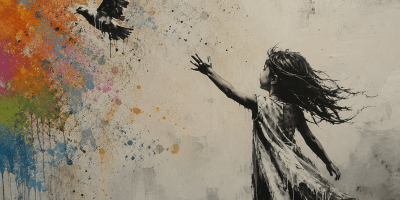 Opera artistica contemporanea dai colori vivaci che raffigura una figura femminile in movimento verso un uccello in volo. L'immagine combina elementi astratti, pennellate dinamiche e forti contrasti cromatici, evocando libertà, speranza e desiderio.