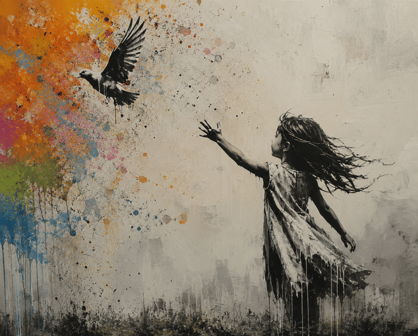 Opera artistica contemporanea dai colori vivaci che raffigura una figura femminile in movimento verso un uccello in volo. L'immagine combina elementi astratti, pennellate dinamiche e forti contrasti cromatici, evocando libertà, speranza e desiderio.