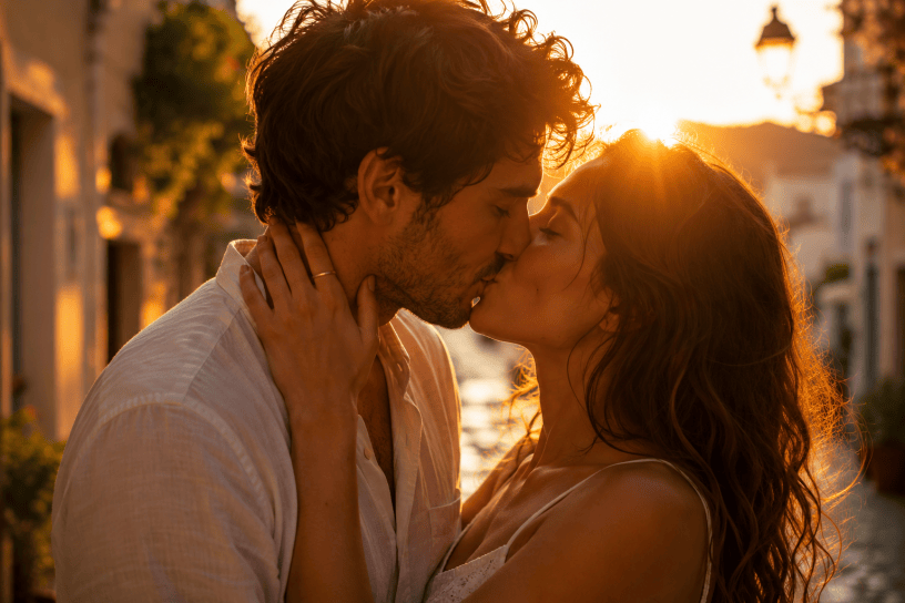Giovane coppia innamorata che si scambia un bacio al tramonto in una strada illuminata dalla luce dorata del sole, simbolo di amore, desiderio e sogni condivisi.