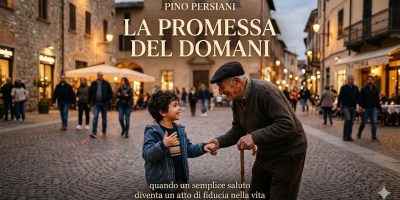 Anziano e bambino si stringono la mano in una suggestiva via di un borgo italiano illuminata dalle luci della sera, simbolo di fiducia, speranza e continuità tra generazioni.