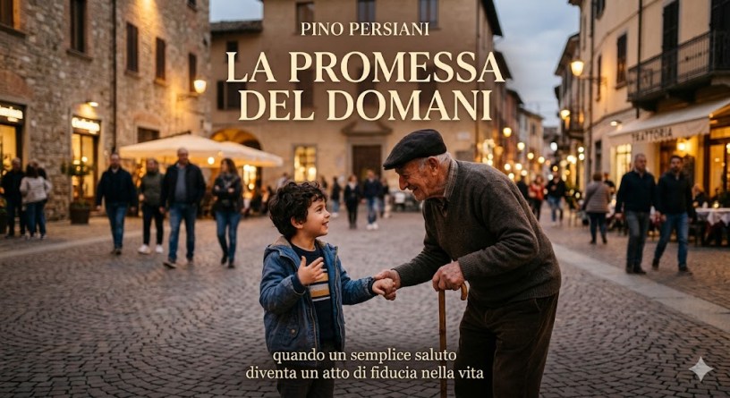 Anziano e bambino si stringono la mano in una suggestiva via di un borgo italiano illuminata dalle luci della sera, simbolo di fiducia, speranza e continuità tra generazioni.