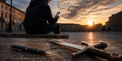 Piazza italiana al tramonto con una penna stilografica e una spada appoggiate in primo piano, mentre una persona osserva uno smartphone sullo sfondo. Le parole sospese nell'aria rappresentano simbolicamente il potere della comunicazione e l'impatto delle parole nella società digitale.