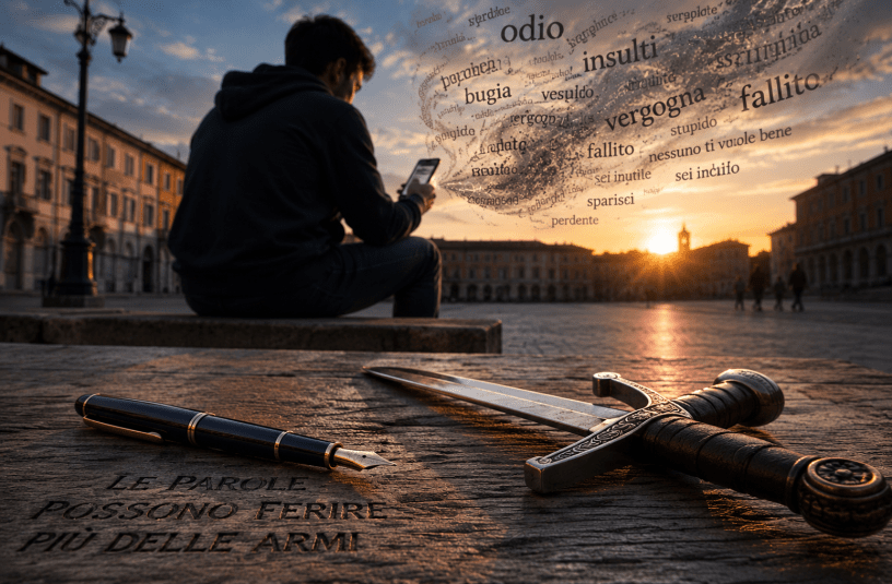 Piazza italiana al tramonto con una penna stilografica e una spada appoggiate in primo piano, mentre una persona osserva uno smartphone sullo sfondo. Le parole sospese nell'aria rappresentano simbolicamente il potere della comunicazione e l'impatto delle parole nella società digitale.