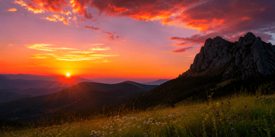 Tramonto sulle montagne con cielo rosso e blu, prati verdi in primo piano e ombre che si allungano nel paesaggio crepuscolare.