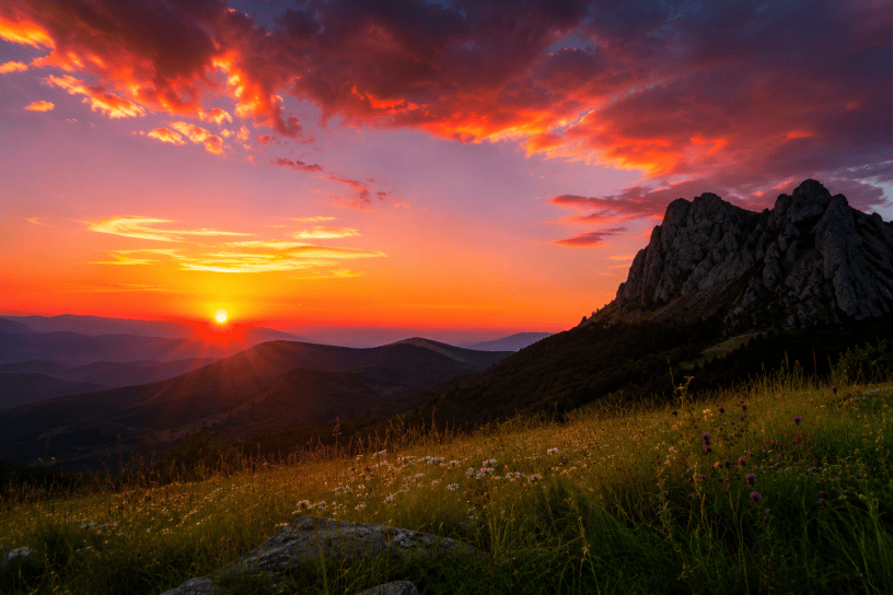 Tramonto sulle montagne con cielo rosso e blu, prati verdi in primo piano e ombre che si allungano nel paesaggio crepuscolare.