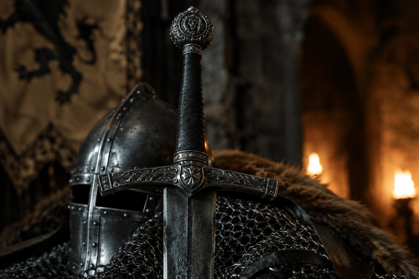Spada medievale decorata accanto a un elmo e a un'armatura illuminati dalla luce del fuoco, immagine simbolica ispirata alla poesia The Song of the Sword di William Ernest Henley.