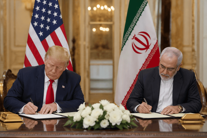 Rappresentazione simbolica di un accordo diplomatico tra Stati Uniti e Iran, con delegazioni impegnate nella firma di documenti ufficiali durante un incontro internazionale.
