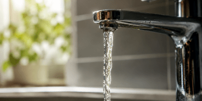 Rubinetto domestico con acqua corrente in una cucina moderna, immagine simbolica del servizio idrico e dei possibili disservizi nella distribuzione dell'acqua potabile.