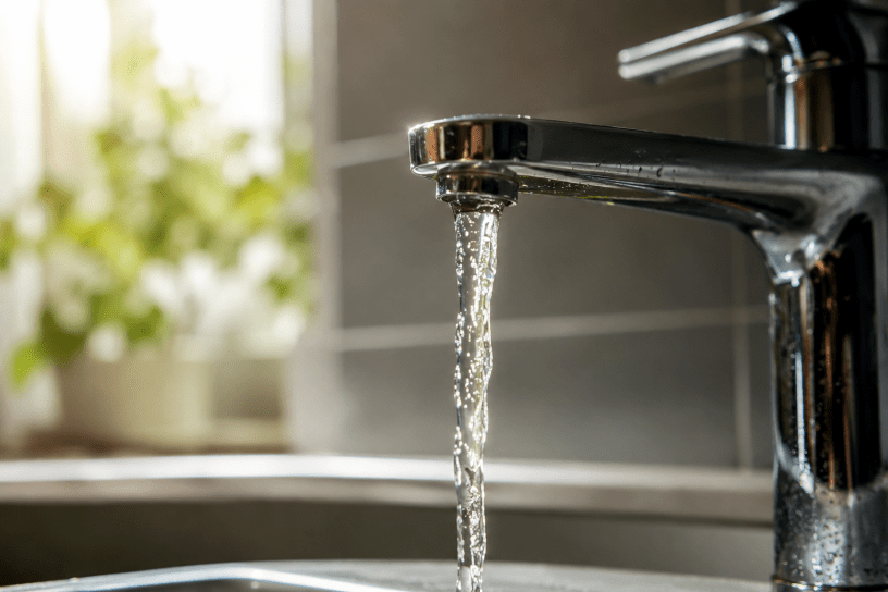Rubinetto domestico con acqua corrente in una cucina moderna, immagine simbolica del servizio idrico e dei possibili disservizi nella distribuzione dell'acqua potabile.