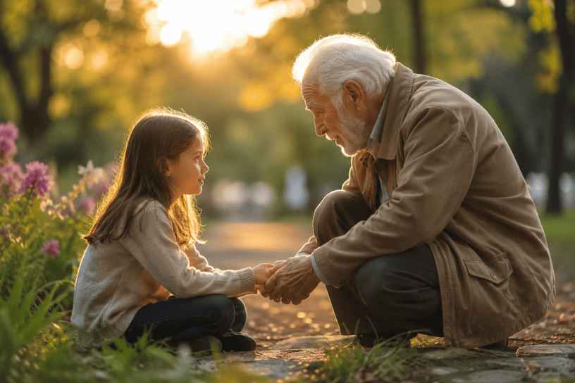 Un anziano e una bambina si guardano negli occhi tenendosi per mano in un parco illuminato dalla luce dorata del tramonto. L'immagine evoca i valori della gentilezza, della fiducia e della trasmissione dell'esperienza tra generazioni.