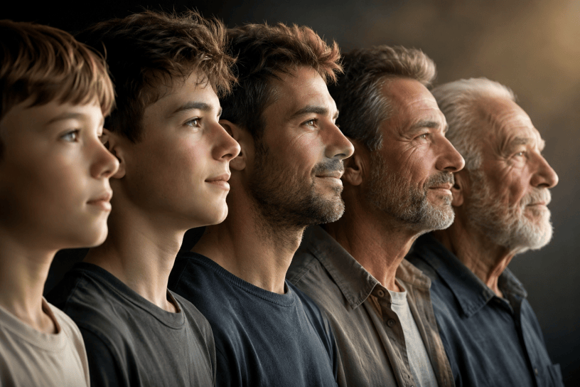 Persone di età diverse, dall’infanzia alla terza età, osservano l’orizzonte in un ritratto fotografico che rappresenta l’evoluzione del carattere e della personalità nel corso della vita.