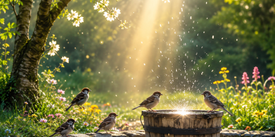 Passeri riuniti attorno a una fontana rustica in un giardino fiorito illuminato dai raggi dorati del sole del mattino. L'acqua scintilla mentre gli uccelli si abbeverano in un'atmosfera serena e naturale.