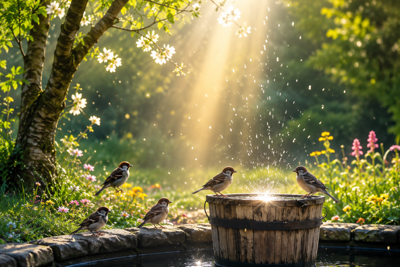 Passeri riuniti attorno a una fontana rustica in un giardino fiorito illuminato dai raggi dorati del sole del mattino. L'acqua scintilla mentre gli uccelli si abbeverano in un'atmosfera serena e naturale.