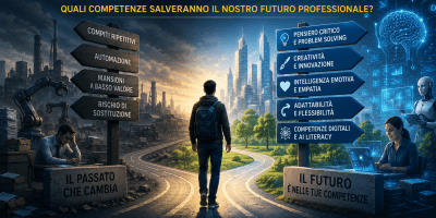 Professionista che osserva un futuro dominato dall’intelligenza artificiale, tra automazione, innovazione digitale e nuove competenze richieste dal mercato del lavoro.