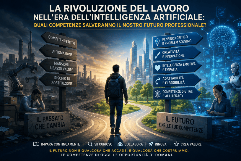Professionista che osserva un futuro dominato dall’intelligenza artificiale, tra automazione, innovazione digitale e nuove competenze richieste dal mercato del lavoro.