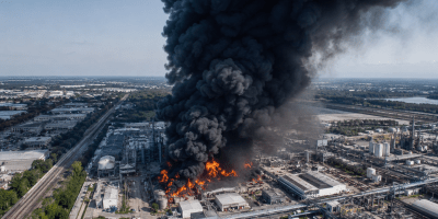 ncendio in un grande impianto industriale con una vasta colonna di fumo nero che si alza nel cielo e fiamme visibili tra gli edifici dello stabilimento.