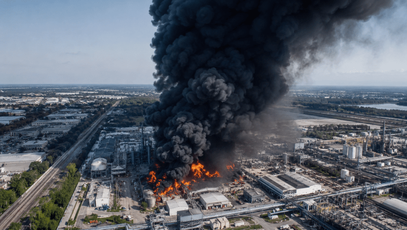 ncendio in un grande impianto industriale con una vasta colonna di fumo nero che si alza nel cielo e fiamme visibili tra gli edifici dello stabilimento.