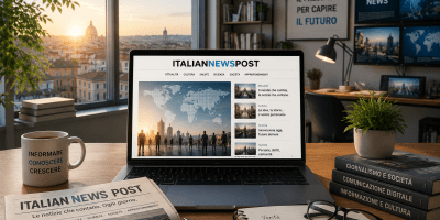Postazione di lavoro moderna dedicata al giornalismo digitale con computer portatile che mostra il sito italianewspost.com, giornale cartaceo sul tavolo, libri, taccuino e vista panoramica urbana al tramonto.