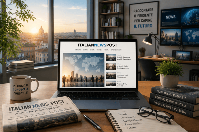 Postazione di lavoro moderna dedicata al giornalismo digitale con computer portatile che mostra il sito italianewspost.com, giornale cartaceo sul tavolo, libri, taccuino e vista panoramica urbana al tramonto.
