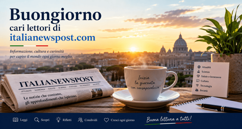 Tavolo con tazza di caffè fumante, giornale italianewspost, taccuino e pianta davanti a un panorama urbano illuminato dall'alba. Immagine simbolica del buongiorno ai lettori e dell'informazione quotidiana.