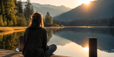 Persona seduta in silenzio davanti a un lago di montagna al tramonto, simbolo di tranquillità e riflessione.