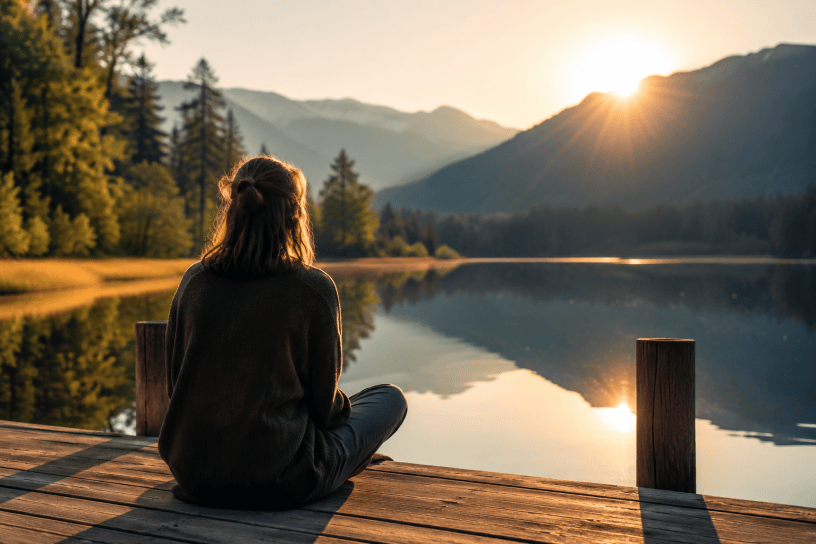 Persona seduta in silenzio davanti a un lago di montagna al tramonto, simbolo di tranquillità e riflessione.