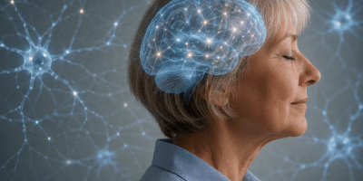 Donna anziana con espressione serena e occhi chiusi, raffigurata con una rappresentazione luminosa del cervello e delle connessioni neuronali. L'immagine simboleggia la neuroplasticità, la memoria e la capacità del cervello di mantenersi attivo con l'età