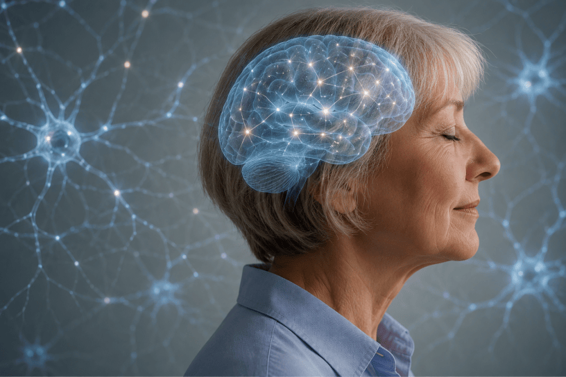 Donna anziana con espressione serena e occhi chiusi, raffigurata con una rappresentazione luminosa del cervello e delle connessioni neuronali. L'immagine simboleggia la neuroplasticità, la memoria e la capacità del cervello di mantenersi attivo con l'età