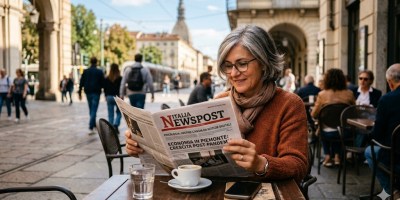 Una donna con capelli grigi e occhiali legge un giornale intitolato "ITALIA NEWSPOST" in un caffè all'aperto. Il titolo del giornale "SPECIALE PSICOLOGIA: UN MINUTO DI PACE" è chiaramente leggibile, con consigli per la salute mentale. Indossa un maglione color ruggine e uno smartphone è posizionato sul tavolo accanto a lei. Lo sfondo mostra un tram e l'edificio della Mole Antonelliana.
