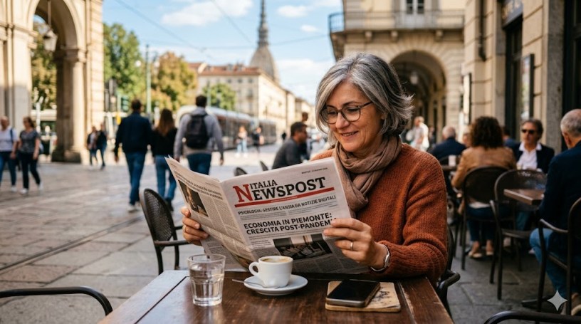 Una donna con capelli grigi e occhiali legge un giornale intitolato "ITALIA NEWSPOST" in un caffè all'aperto. Il titolo del giornale "SPECIALE PSICOLOGIA: UN MINUTO DI PACE" è chiaramente leggibile, con consigli per la salute mentale. Indossa un maglione color ruggine e uno smartphone è posizionato sul tavolo accanto a lei. Lo sfondo mostra un tram e l'edificio della Mole Antonelliana.