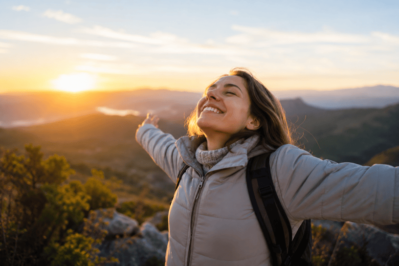 Donna sorridente con le braccia aperte davanti a un panorama naturale illuminato dal sole al tramonto. L'immagine rappresenta ottimismo, benessere psicologico, speranza, resilienza e fiducia nel futuro.
