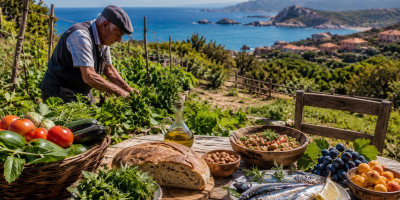 Anziano che lavora in un orto affacciato sul mare della Sardegna, circondato da verdure fresche, pesce, pane tradizionale e prodotti tipici della dieta mediterranea. Immagine dedicata alla longevità e allo stile di vita sano.