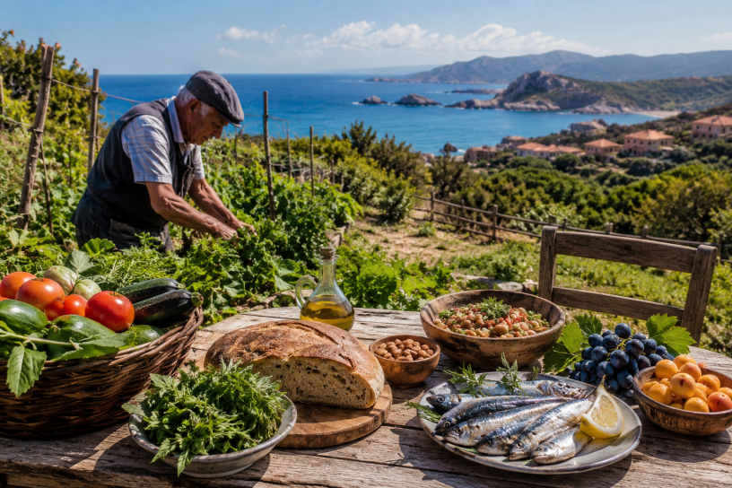 Anziano che lavora in un orto affacciato sul mare della Sardegna, circondato da verdure fresche, pesce, pane tradizionale e prodotti tipici della dieta mediterranea. Immagine dedicata alla longevità e allo stile di vita sano.