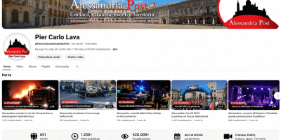 Schermata del canale YouTube di Pier Carlo Lava con centinaia di video dedicati alla cronaca, agli eventi e alla vita della città di Alessandria e del suo territorio.