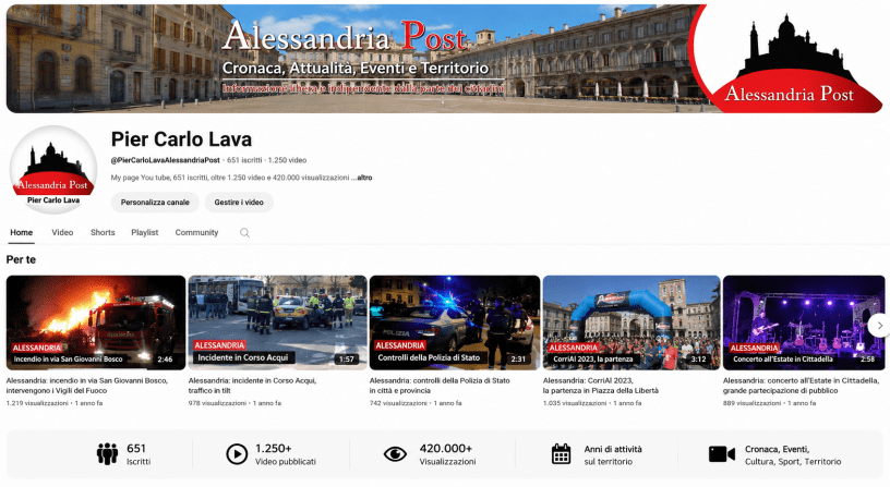 Schermata del canale YouTube di Pier Carlo Lava con centinaia di video dedicati alla cronaca, agli eventi e alla vita della città di Alessandria e del suo territorio.