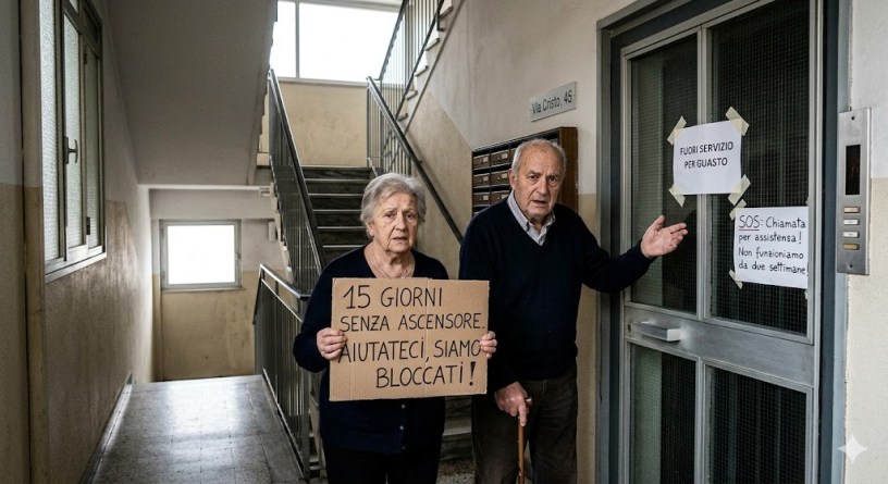 Anziani residenti in un condominio di Alessandria mostrano cartelli di protesta davanti a un ascensore fuori servizio da oltre due settimane, evidenziando il disagio per le persone con mobilità ridotta.
