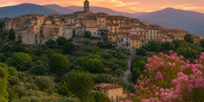 Veduta panoramica di un borgo collinare italiano al tramonto, con case in pietra e tetti color terracotta immerse nel verde, montagne sullo sfondo e fiori rosa in primo piano.